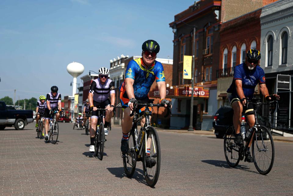 Cyclists roll out of West Liberty during the RAGBRAI route inspection pre-ride June 10, 2023. Riders will pass through West Liberty in the morning hours on the final day of RAGBRAI 50, Saturday, July 29.