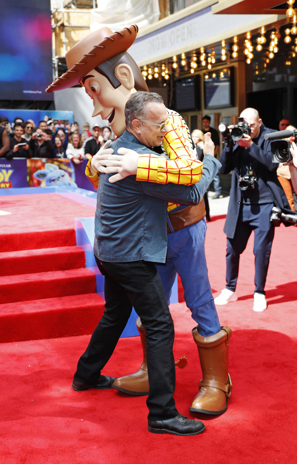 LONDON, ENGLAND -  JUNE 16:    Tom Hanks (L) and Woody attend the European Premiere of "Toy Story 4" at Odeon Luxe Leicester Square on June 16, 2019 in London, England.  (Photo by David M. Benett/Dave Benett/WireImage)