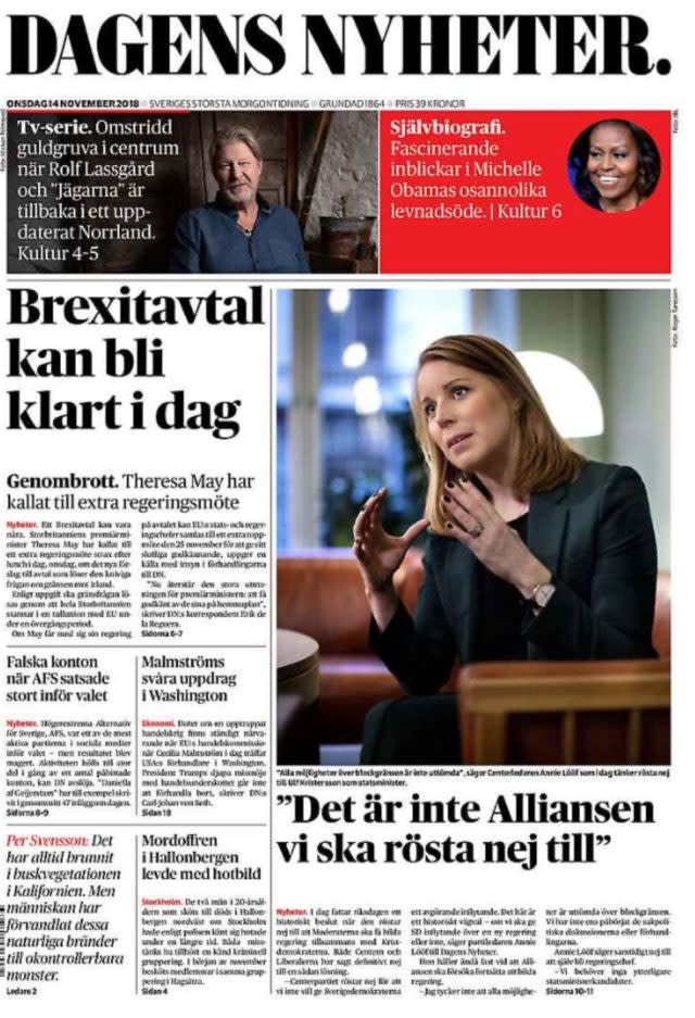 The front page of Dagens Nyheter (Screenshot)