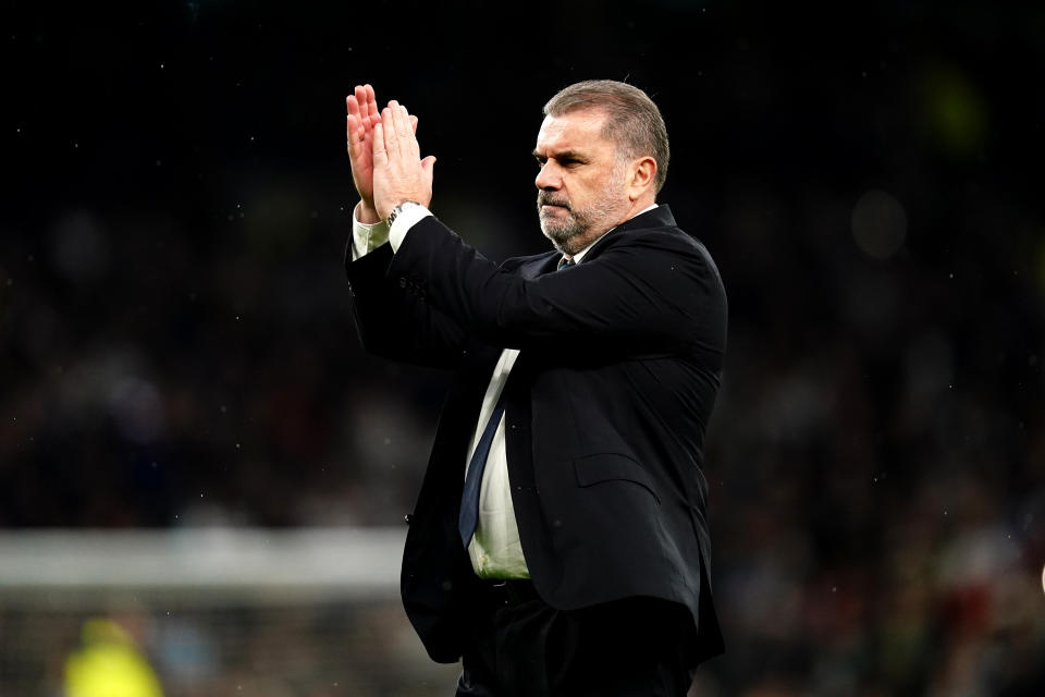 Tottenham Hotspur manager Ange Postecoglou applauds the fans after the final whistle in the Premier League match at the Tottenham Hotspur Stadium, London. Picture date: Saturday February 10, 2024. (Photo by John Walton/PA Images via Getty Images)