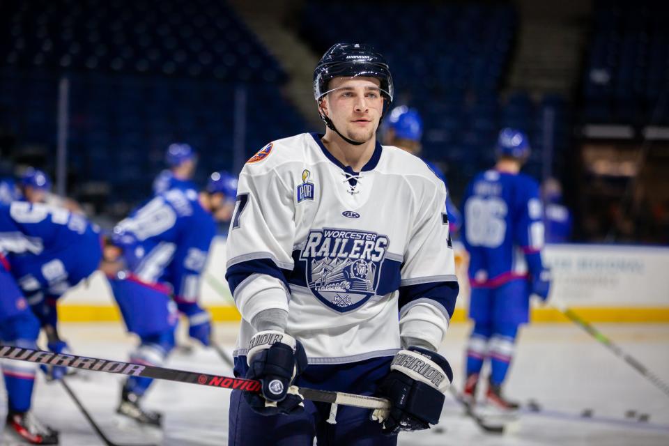 Worcester native Nick Pennucci made his professional hockey debut with the Railers last week at the DCU Center.