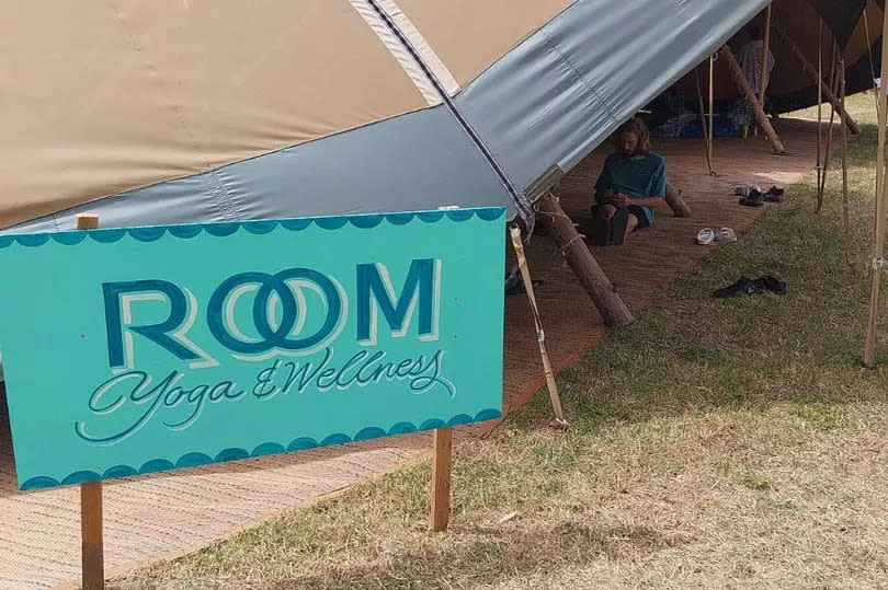 A yoga tent at Glastonbury Festival 2024