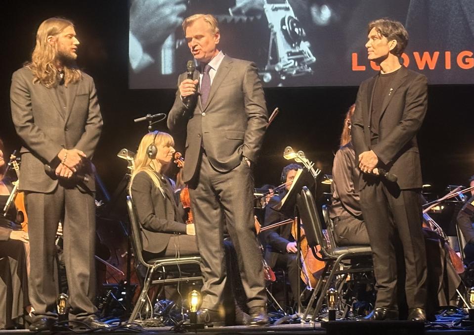 Ludwig Göransson, Christopher Nolan and Cillian Murphy at Royce Hall. Photo Baz Bamigboye/Deadline.