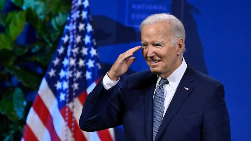 President Joe Biden exits the stage after speaking at the 115th NAACP National Convention on Tuesday, July 16, 2024, in Las Vegas.