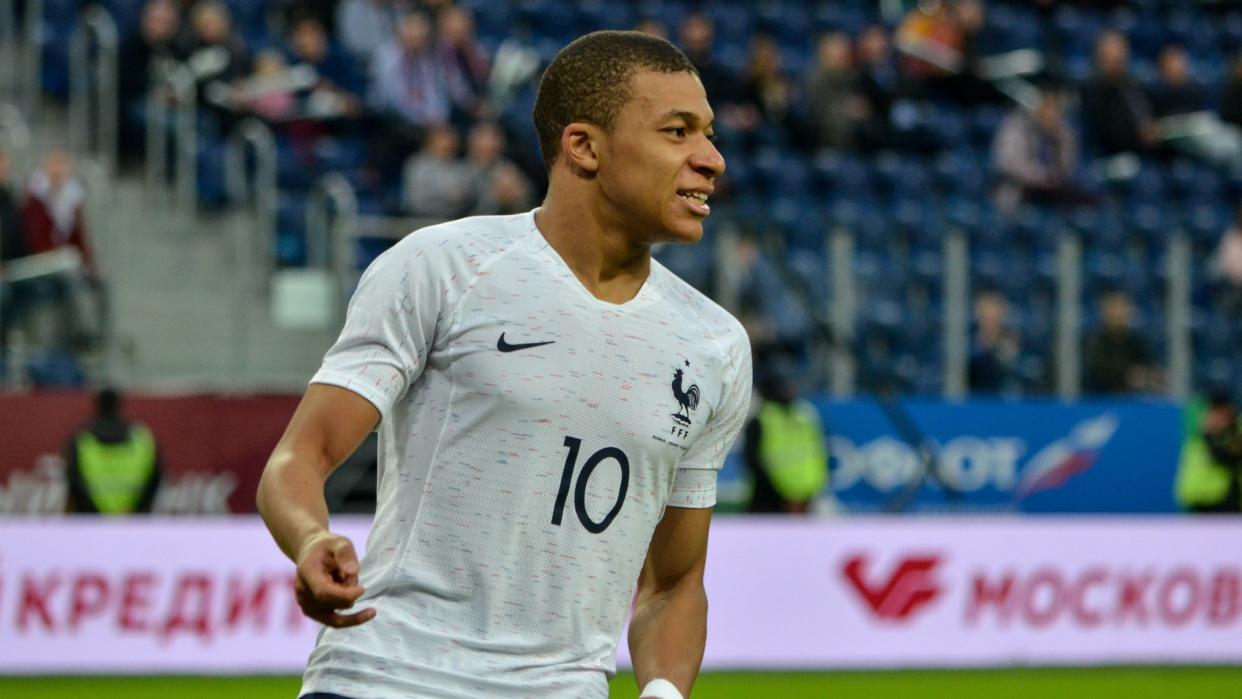 SAINT PETERSBURG, RUSSIA - March 27, 2018: Kylian Mbappe during a friendly match between national team Russia and France in Saint-Petersburg Stadium, 2018, Russia.