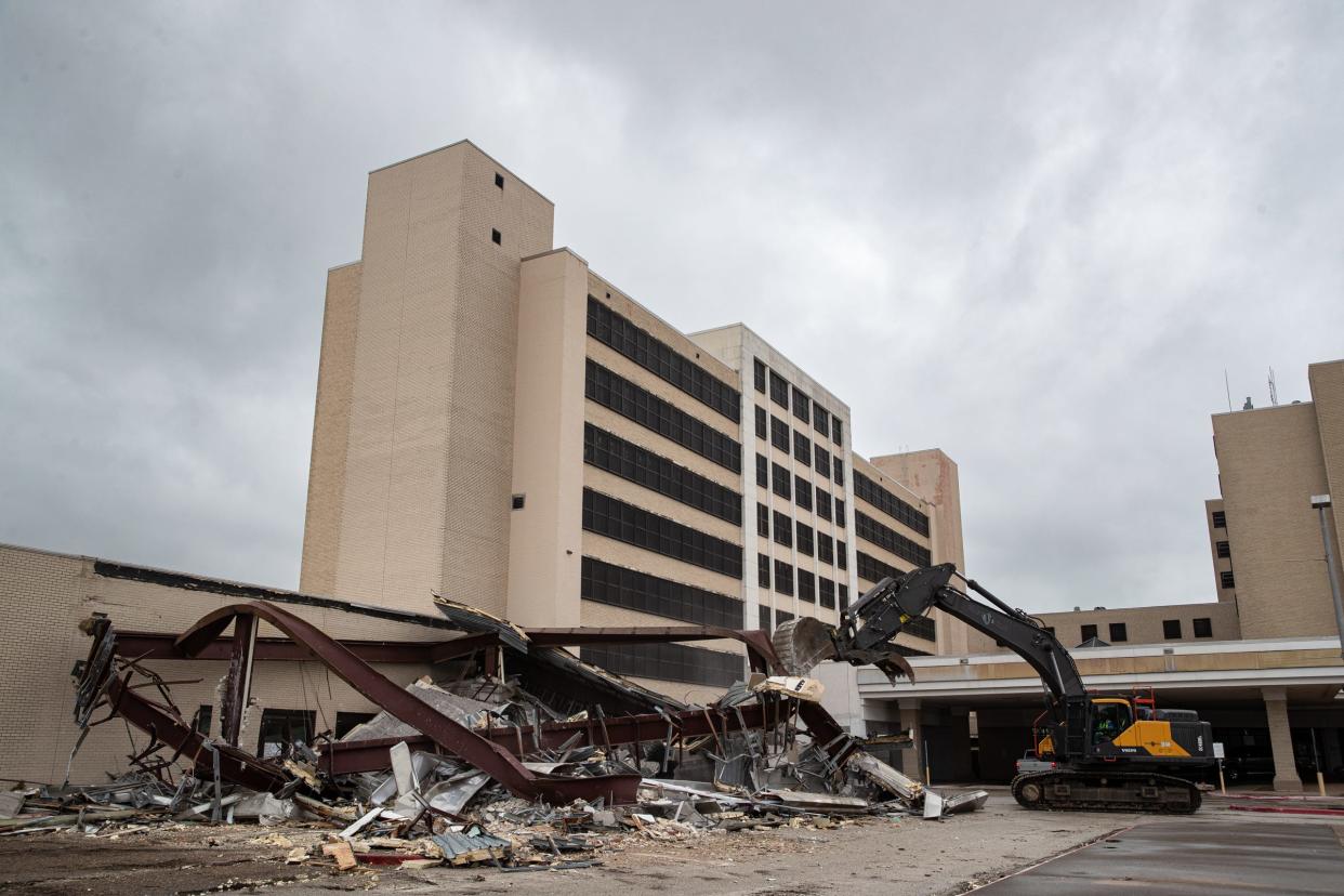 Demolition begins on Christus Spohn Hospital Memorial after a decommissioning and blessing ceremony on Monday, Oct. 17, 2022, in Corpus Christi, Texas.