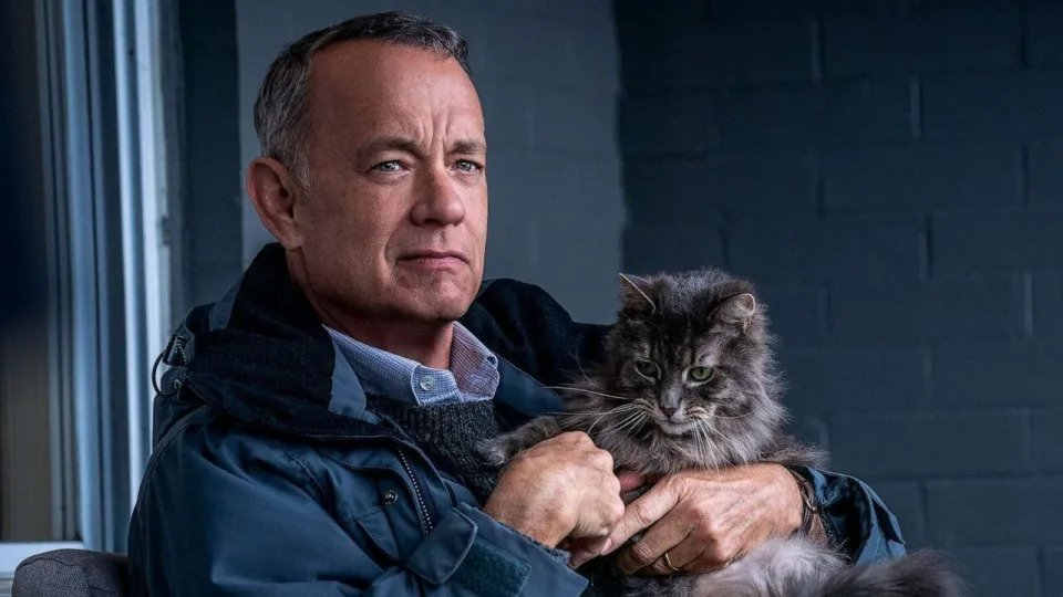  Tom Hanks holds a fluffy grey cat in A Man Called Otto. 