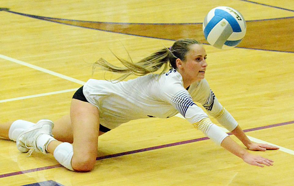 Watertown's Kendall Paulson makes a diving attempt to save the ball during a high school volleyball match against Sioux Falls Lincoln on Tuesday, Oct. 11, 2022 in the Civic Arena. Lincoln won 3-1.