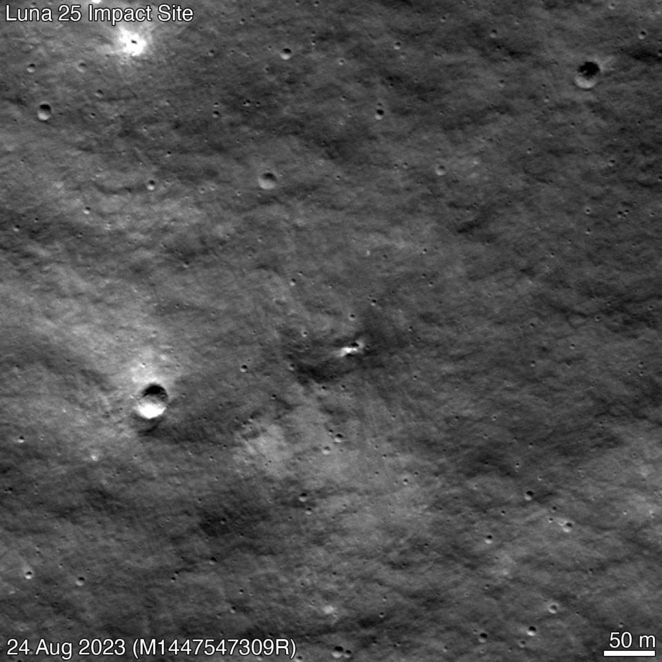 NASA’s Lunar Reconnaissance Orbiter (LRO) spacecraft imaged a new crater on the Moon’s surface that is likely the impact site of Russia’s Luna 25 mission.
During its descent, Luna 25 experienced an anomaly that caused it to impact the surface of the Moon on Aug. 19.
Roscosmos, Russia’s space agency, published an estimate of the impact point on Aug. 21. The LROC (short for LRO Camera) team and the LRO Mission Operations team were able to design and send commands to the LRO spacecraft on Aug. 22 to capture images of the site. The sequence began on Aug. 24 at 2:15 p.m. EDT (18:15 UTC) and was completed about four hours later, at 6:12 p.m. EDT (22:12 UTC). The LROC team compared images taken prior to the impact time and the sequence taken after and found a small new crater.