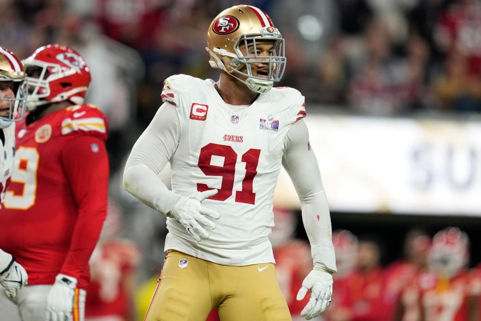 San Francisco 49ers defensive end Arik Armstead (91) celebrates a hit on Kansas City Chiefs quarterback Patrick Mahomes during the first half of the NFL Super Bowl 58 football game Sunday, Feb. 11, 2024, in Las Vegas.