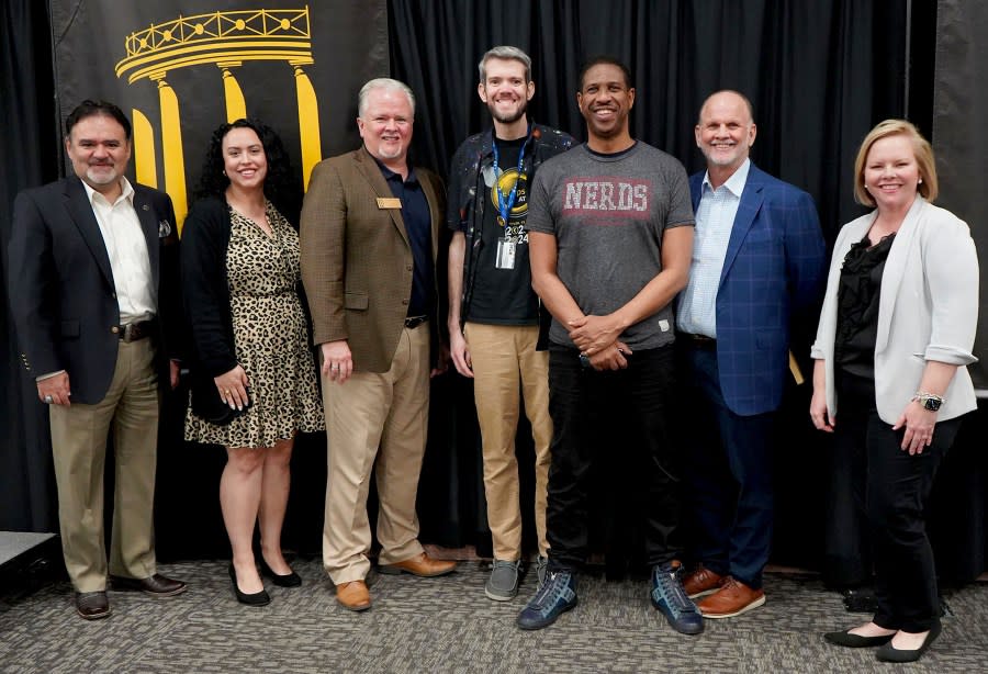 From left: Dr. Juan E. Mejia, TJC president and CEO; Caitlin Drahem, TJC student life coordinator; Mitch Andrews, TJC vice president for institutional advancement; Dr. Beau Hartweg, TJC Earth and Space Science Center director; Dr. Hakeem Oluseyi; Dr. Larry Anderson and Lauren Tyler, TJC director of student life. Photo courtesy of Tyler Junior College.