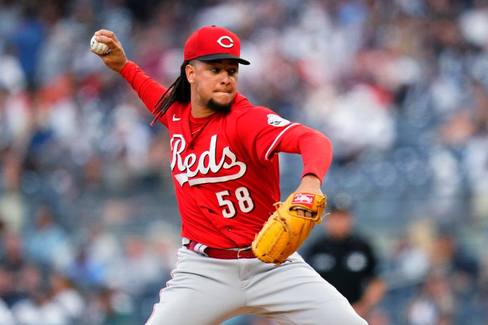 Cincinnati Reds' Luis Castillo pitches during the first inning of the team's baseball game against the New York Yankees on Thursday, July 14, 2022, in New York.