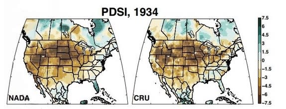 The 1934 drought covered almost three-quarters of the western United States, shown here in this figure using the Palmer Drought Severity Index.