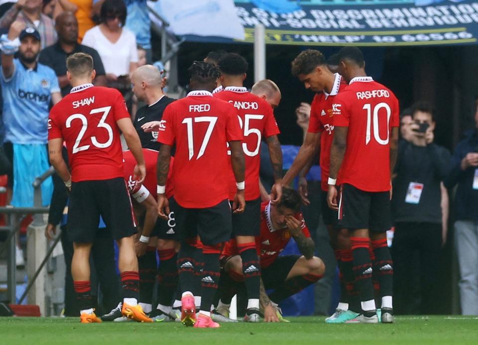 Victor Lindelof reacts after being struck near his left eye  (Action Images via Reuters)