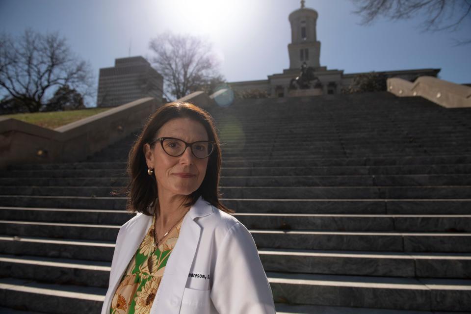 Dr Laura Andreson, stands outside of the Capitol in Nashville , Tenn., Tuesday, Feb. 28, 2023.