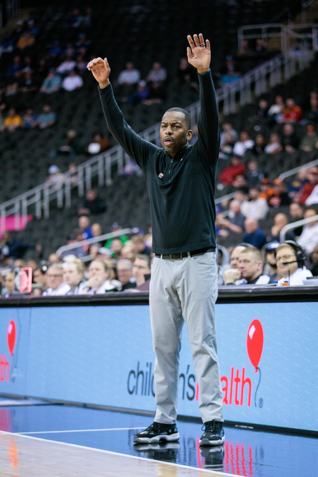 Mar 12, 2024; Kansas City, MO, USA; Oklahoma State Cowboys coach Mike Boynton on the sidelines during the first half against the UCF Knights at T-Mobile Center. Mandatory Credit: William Purnell-USA TODAY Sports