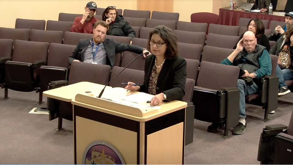 Elena Gallegos, Las Cruces Public Schools' counsel, presents to the board book review policies KEF and KEC during a special meeting on Jan.30, 2024.
