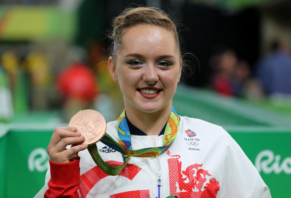 File photo dated 16-08-2016 of Great Britain's Amy Tinkler celebrates a bronze medal in the Women's Floor Exercise final at the Rio Olympics Games, Brazil.