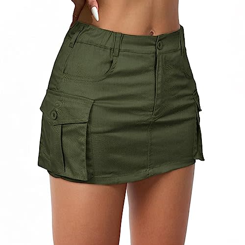 Women's Cargo Skirt Y2k Denim Mini Skirts Low Waist Button Jean Skirt with Pockets Bodycon Green M