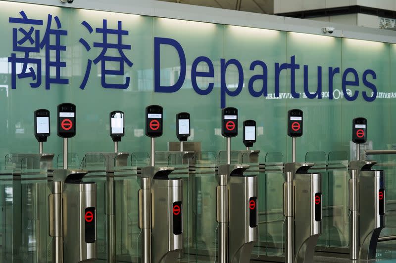 Closed counters are seen at the departures hall of Hong Kong International Airport in Hong Kong