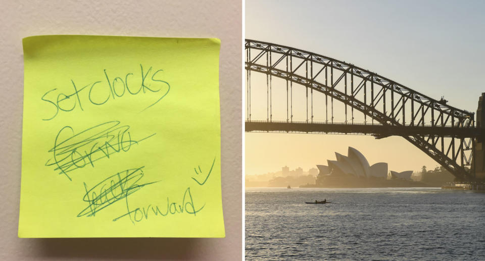 Reminder note to set clocks forward for daylight savings and a sunrise photo of the Sydney Harbour Bridge.