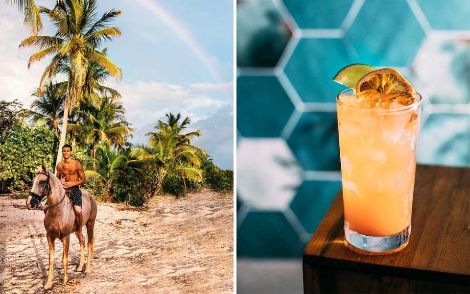 From left: Horseback riding at Esperanza Beach, on Vieques; Blok Punch, a cocktail served at Placita, in Esperanza's El Blok Hotel. | Soraya Matos