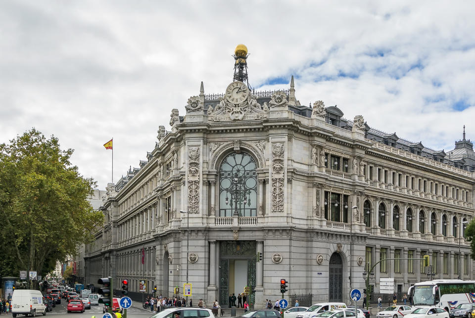 The magnificent Bank of Spain building  at the beautiful Plaza de la Cibeles was built between 1884 and 1891 in Madrid, Spain