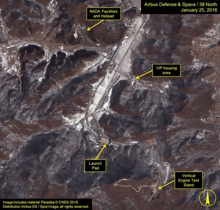 Airbus Defense & Space and 38 North satellite imagery dated January 25, 2016 shows what is described by 38 North as an overview of Sohae Satellite Launching Station in North Korea, in this image released on January 28, 2016. REUTERS/Airbus Defense & Space and 38 North/Handout via Reuters