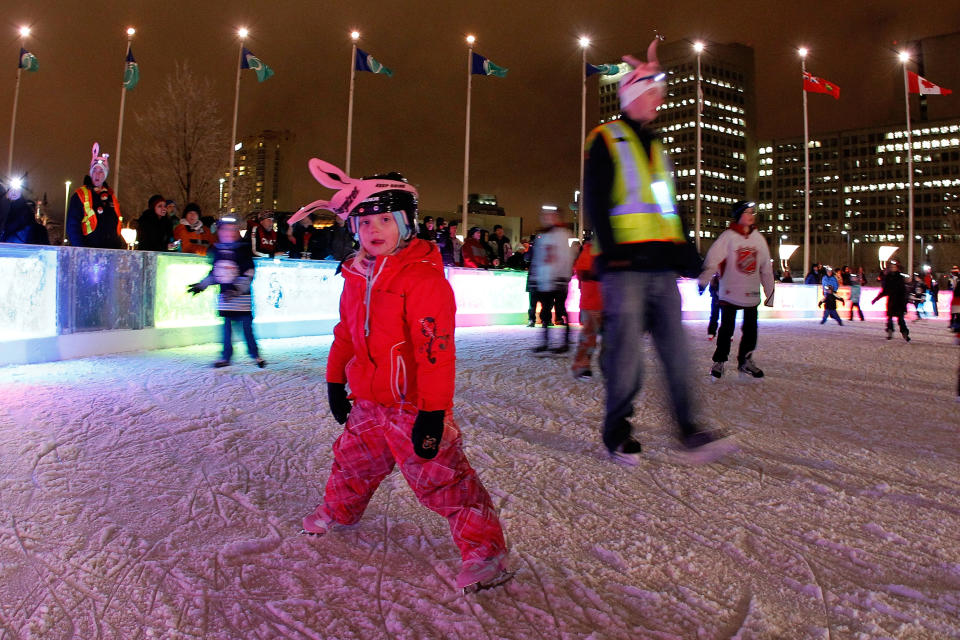 OTTAWA, ON - JANUARY 27: Kids skate on the ice as they participate in the 2012 NHL All-Star Game Energizer Night Skate at The Rink of Dreams at Marion Dewer Plaza on January 27, 2012 in Ottawa, Canada. (Photo by Gregory Shamus/Getty Images)