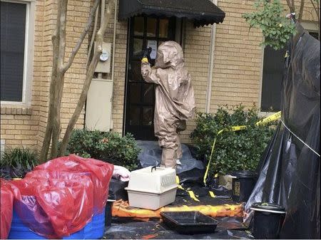 A man wearing a hazardous material suit prepares to remove a pet dog named Bentley from the home of a nurse infected with Ebola, in this handout picture released by the City of Dallas, Texas, October 13, 2014. REUTERS/City of Dallas/Handout