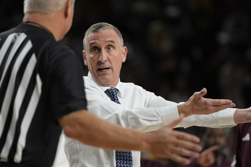 Arizona State head coach Bobby Hurley reacts after a foul call during the first half of an NCAA college basketball game against Colorado, Saturday, Jan. 6, 2024, in Tempe, Ariz. (AP Photo/Rick Scuteri)