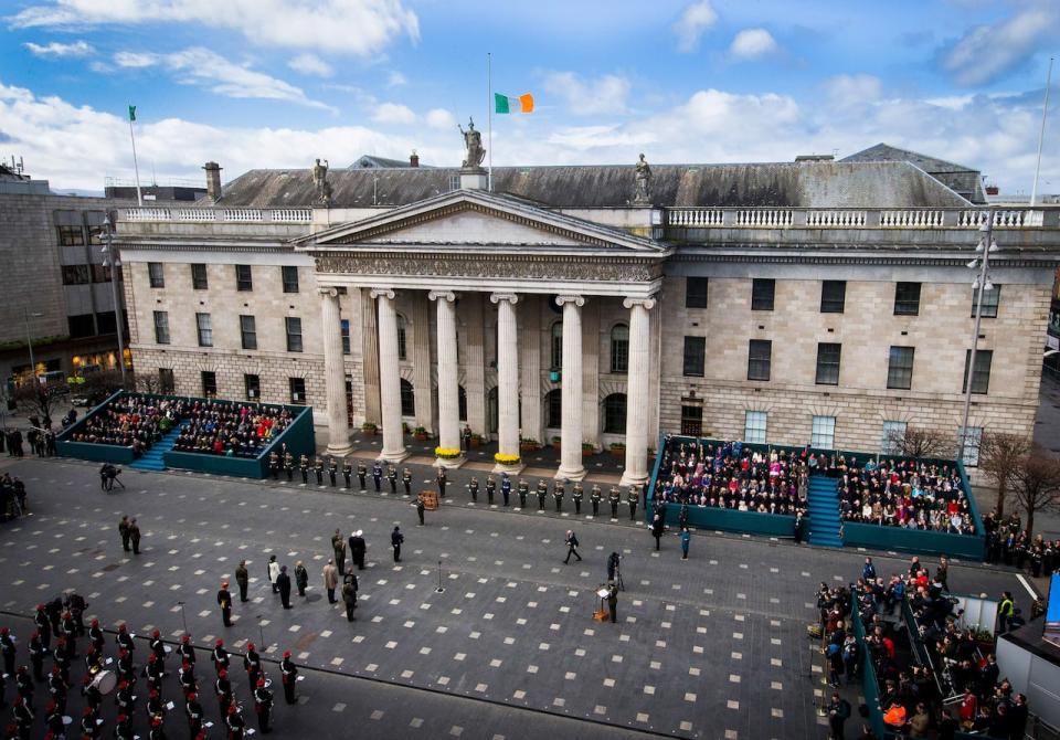 A general view during the Easter Sunday Commemoration Ceremony at the General Post Office on March 27, 2016 in Dublin, Ireland marking the 100th anniversary of the Easter Rising.