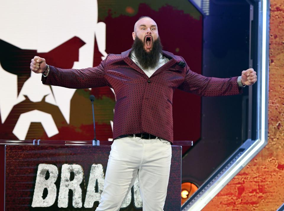 WWE wrestler Braun Strowman is introduced at a WWE news conference at T-Mobile Arena on October 11, 2019 in Las Vegas, Nevada.