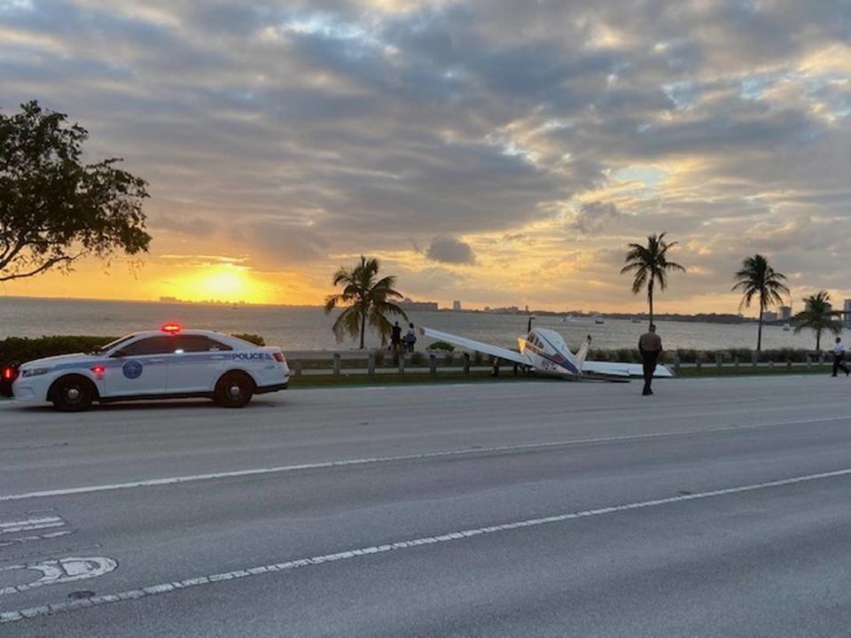 A plane has landed on the Rickenbacker Causeway causing its entrance to be blocked. Miami police says no injuries were reported.