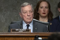 Chairman Sen. Dick Durbin, D-Ill., presides over the Senate Judiciary Committee's hearing on online child safety on Capitol Hill, Wednesday, Jan. 31, 2024 in Washington. (AP Photo/Mark Schiefelbein)