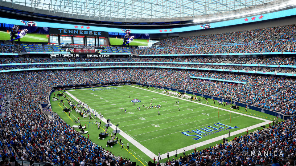 This artists rendering provided by MANICA shows a potential new stadium for the Tennessee Titans NFL football team. The Titans released the renderings of a proposed domed stadium with a capacity of approximately 60,000 Tuesday, Oct. 25, 2022. (MANICA via AP)