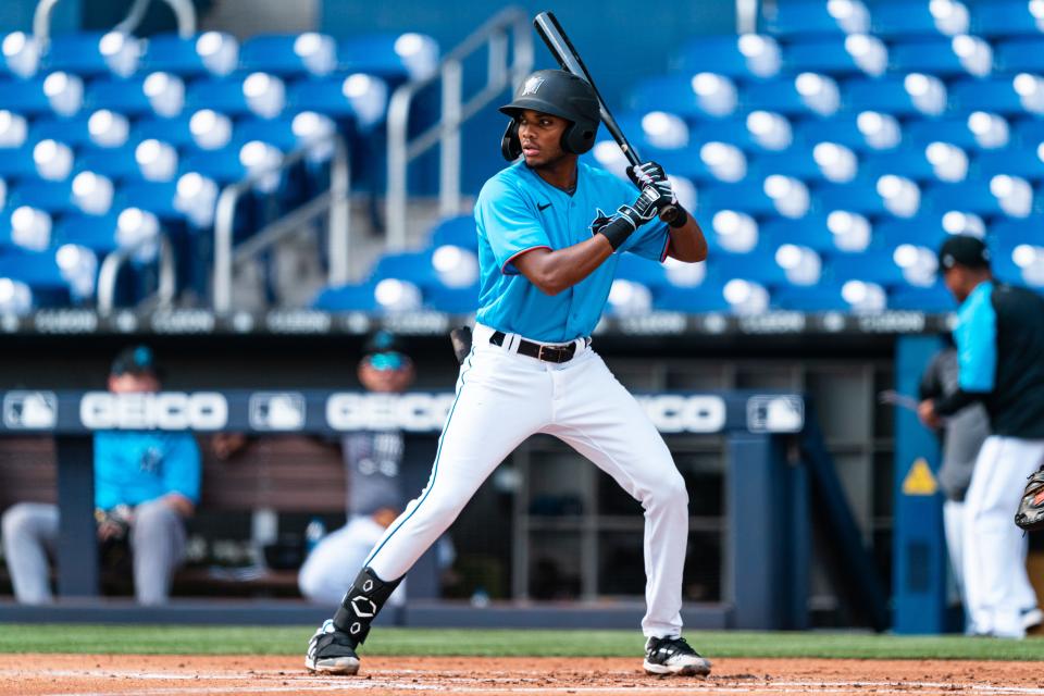 MIAMI, FLORIDA - OCTOBER 13: Miami Marlins Jordan McCants during the Miami Marlins Fall Development Camp on October 13, 2021 at loanDepot park in Miami, Florida. (Joseph Guzy/Miami Marlins)