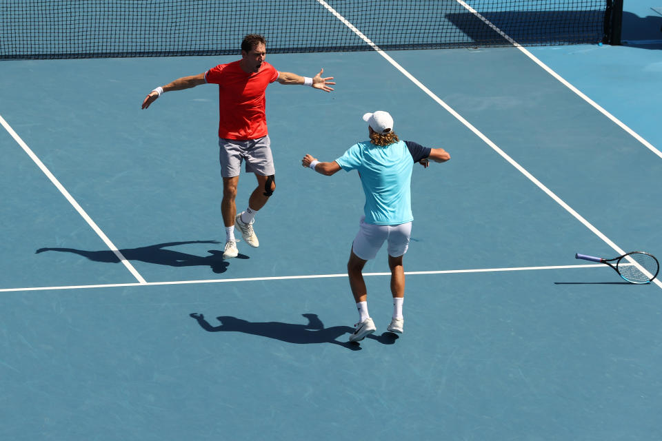 Matthew Ebden and Max Purcell, pictured here celebrating after advancing to the Australian Open doubles final.