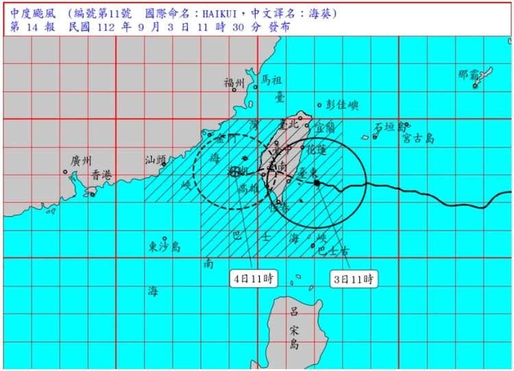 今日(9/3)上午11點，海葵颱風中心位置抵達台東東方海面100公里處。翻攝自中央氣象局
