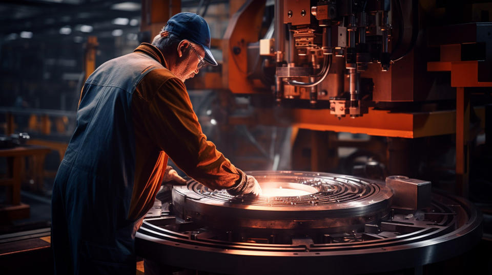 A worker operating a machine that produces round bars.