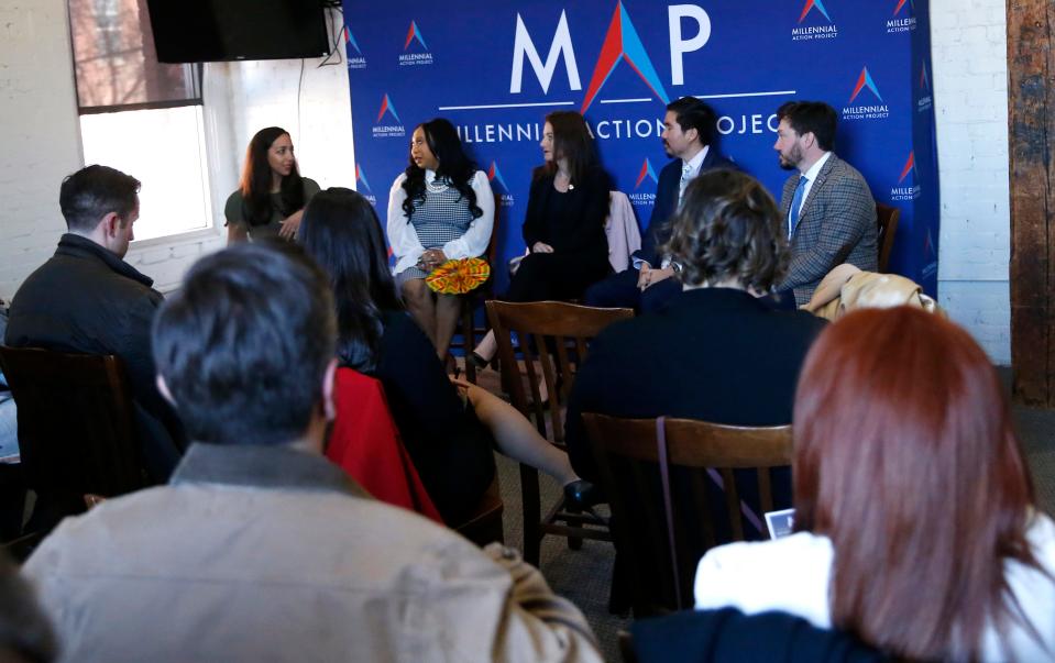 From left to right, Layla Zaidane, president & CEO at Millennial Action Project, sits with members of The Oklahoma Future Caucus, state Rep. Ajay Pittman, state Sen. Jo Anna Dossett, state Rep. Daniel Pae and state Sen. John Michael Montgomery, as they participate in a roundtable panel in February.
