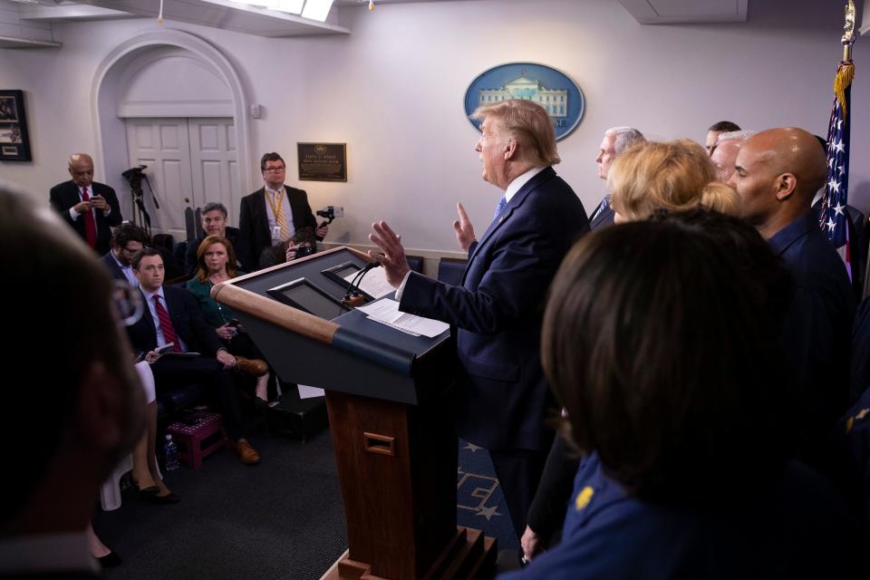 President Donald Trump speaks during a briefing about the coronavirus in the James Brady Press Briefing Room of the White House, Sunday, March 15, 2020, in Washington. (AP Photo/Alex Brandon)