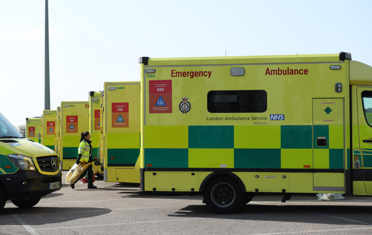 Ambulances at the ExCel centre in London which is being made into a temporary hospital - the NHS Nightingale hospital, comprising of two wards, each of 2,000 people, to help tackle coronavirus.