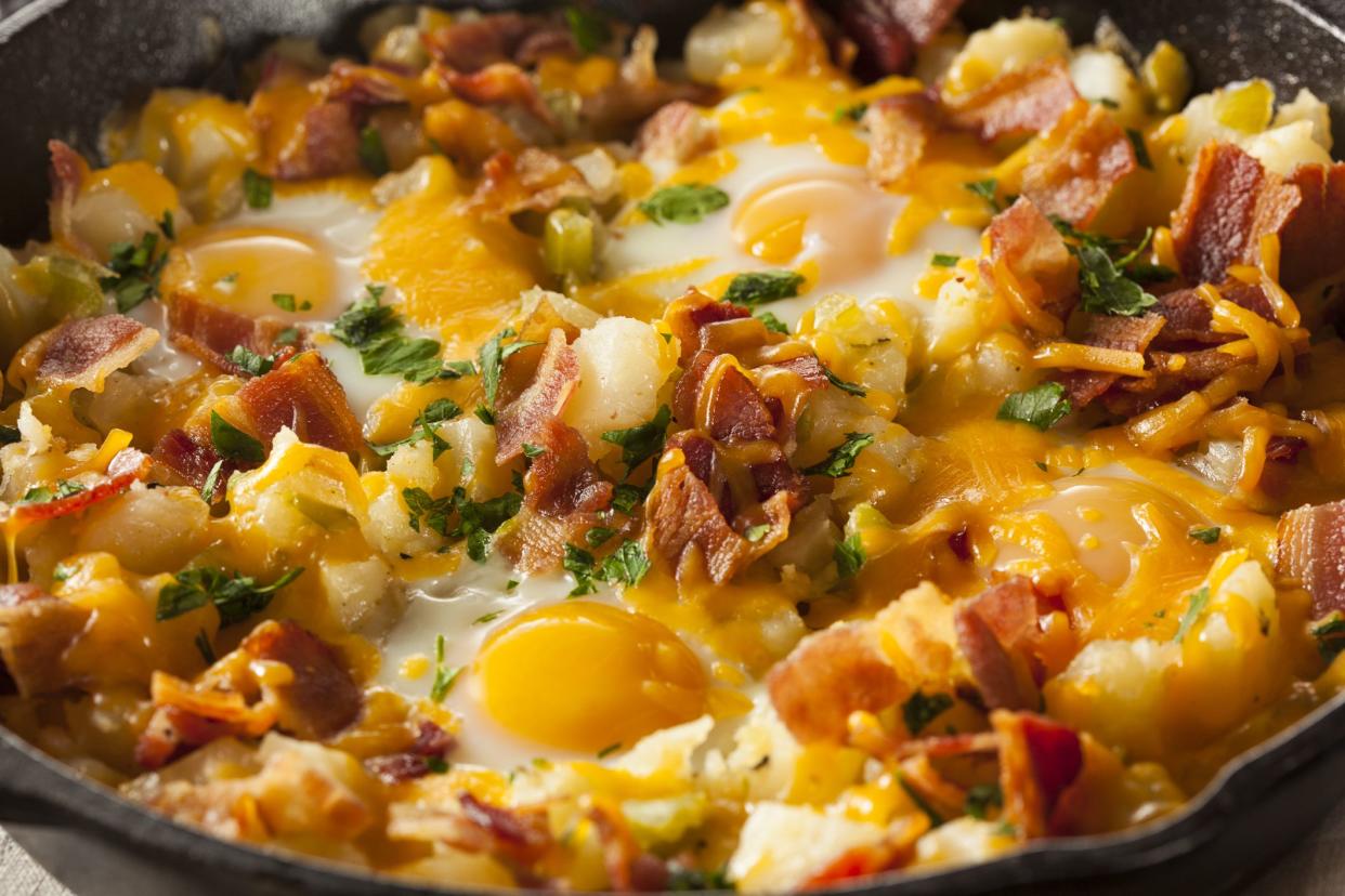 Homemade Hearty Breakfast Skillet with Eggs Potatoes and Bacon