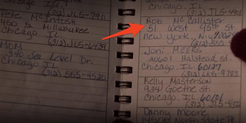 red arrow pointing to rob's new york address in mr mccallister's address book