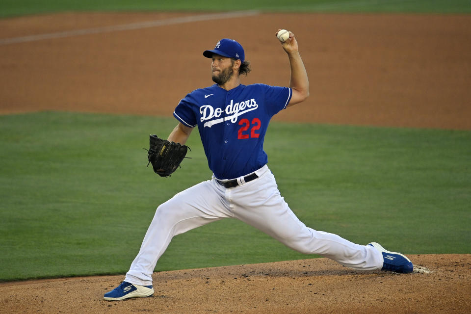 Los Angeles Dodgers starting pitcher Clayton Kershaw throws to the plate during intrasquad play in the restart of baseball spring training Monday, July 6, 2020, in Los Angeles. (AP Photo/Mark J. Terrill)