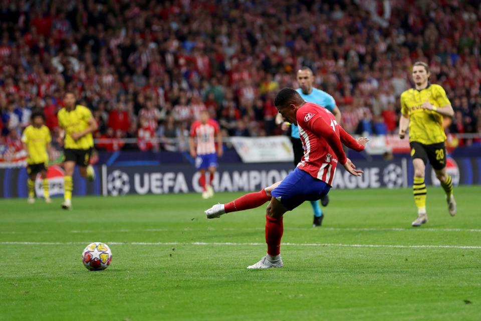 Samuel Lino scored Atletico’s second goal against Dortmund and gave them a one-goal advantage heading into the next leg. (Getty Images)