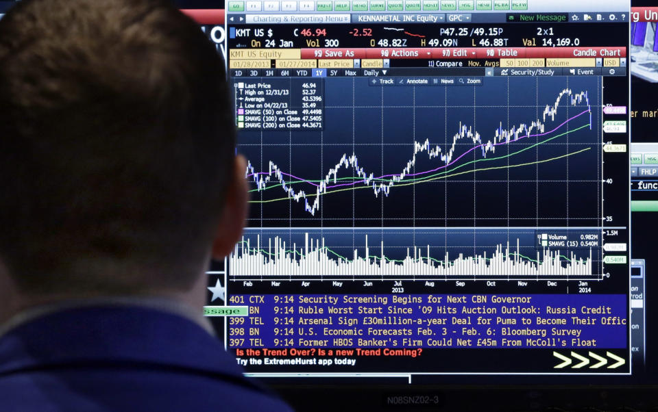 A specialist on the floor of the New York Stock Exchange checks a screen, Monday, Jan. 27, 2014. Stocks are mostly higher on Wall Street as investors shrug off worries about emerging markets that tanked the market last week. (AP Photo/Richard Drew)