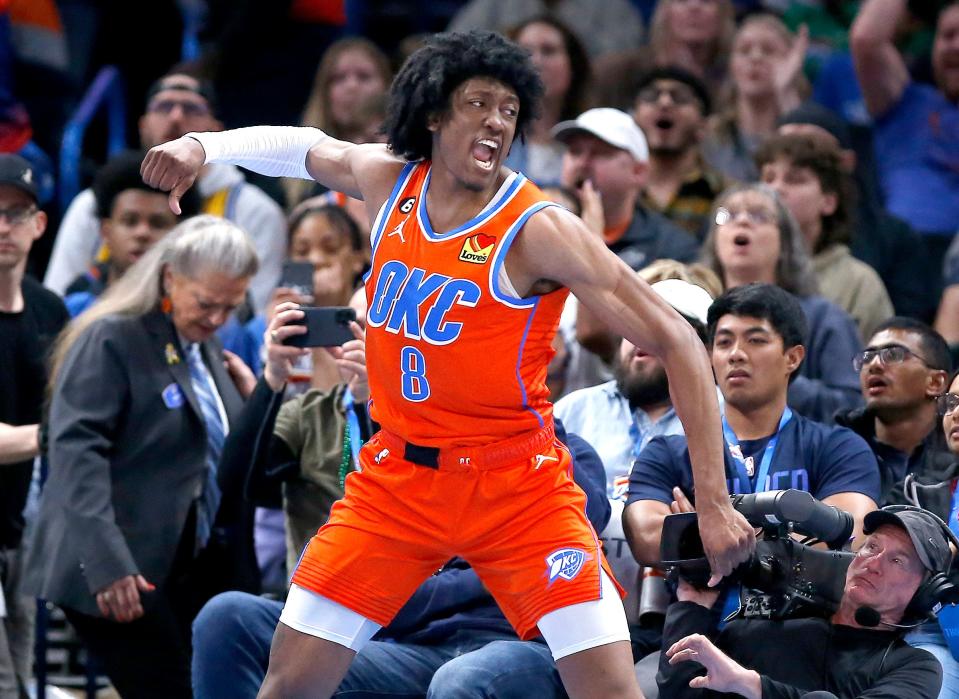 Oklahoma City's Jalen Williams (8) celebrates after a basket during the NBA basketball game between the Oklahoma City Thunder and the Brooklyn Nets at Paycom Center in Oklahoma City, Tuesday, March 14, 2023. 