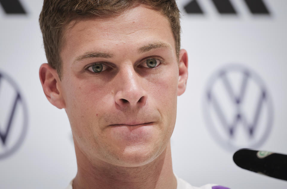 Germany's Joshua Kimmich attends a press conference of the German national soccer team in Herzogenaurach, Germany, Saturday, June 1, 2024. Germany's midfielder Joshua Kimmich has slammed as “absolutely racist” a survey and its findings that one in five Germans would prefer more white players on the national team. The poll of 1,304 randomly selected participants was commissioned for national broadcaster ARD’s documentary “Unity and Justice and Diversity” that’s to be shown on Wednesday. (Christian Charisius/dpa via AP)